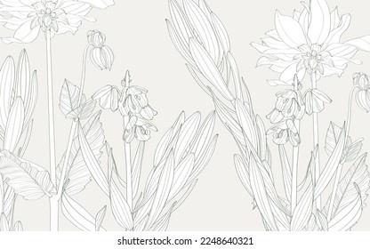 Wallpaper design with line Dahlia flowers and natural background. Line design for wall art, fabrics, prints and background texture, illustration.