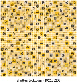Wallpaper design with universal icons in square tiles pattern, vector format