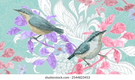 wallpaper design with watercolor painting of birds sitting on colorful leafy branches on abstract doodle pattern background