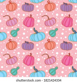 wallpaper of different kinds of pumpkins on a pink background for autumn