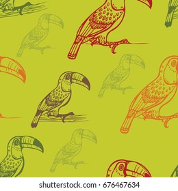 Wallpaper with exotic bird. Seamless pattern with cartoon toucans on a green background. Vector illustration.