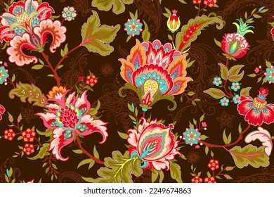 Wallpaper fabric with ethnic jacobean flowers on decorative branch, Indidan vintage print