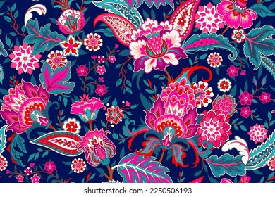 Wallpaper fabric with ethnic jacobean flowers on decorative branch, Indidan vintage print