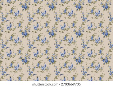 O tecido de papel de parede apresenta pequenos grupos de flores azuis — que vão desde pequenos botões a rosas totalmente abertas — dispostos em vinhas finas com folhas verde-oliva. A base bege fornece um quente, neutro 