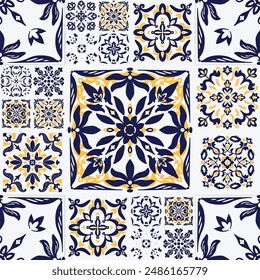 Wallpaper featuring a seamless pattern of blue and yellow square ornamental designs on a white background. Ceramic Portugal tiles. Decorative wall ornament