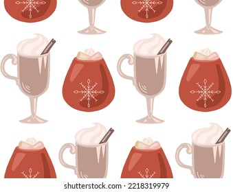 Wallpaper with flat hand drawn cups with eggnog and chocolate. Vector seamless Christmas pattern with holiday beverages. Festive texture for backgrounds, fabrics and your creativity