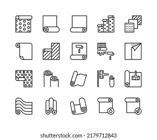 Wallpaper flat line icons set. Paperhanging and wall paper rolls concept line symbols.Simple flat vector illustration for web site or mobile app.