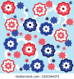 Wallpaper. Floral pattern with abstract flowers. Red and blue flowers. White bluish background. Seamless floral background. Elegant pattern for prints.