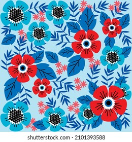 Wallpaper. Floral pattern with abstract flowers. Red and blue flowers. White bluish background. Seamless floral background. Elegant pattern for stamping and printing.