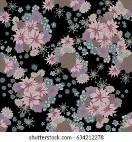 Wallpaper. Floral Seamless Pattern with Small Flowers on Black Background. Dark Seamless Texture in Faded Retro Colors. Summer or Autumn Pattern for Calico, Fabric, Linen, Upholstery, Interior