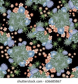 Wallpaper. Floral Seamless Pattern with Small Flowers on Black Background. Dark Seamless Texture in Faded Retro Colors. Summer or Autumn Pattern for Calico, Fabric, Linen, Upholstery, Interior