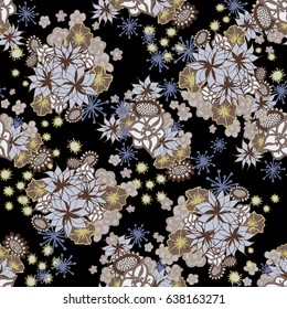 Wallpaper. Floral Seamless Pattern with Small Flowers on Black Background. Dark Seamless Texture in Faded Retro Colors. Summer or Autumn Pattern for Calico, Fabric, Linen, Upholstery, Interior