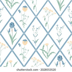 Wallpaper with flowers and a geometric pattern. Seamless vector background