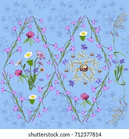 Wallpaper with flowers ornament and jewelry gold branches. Chamomiles, bells, chicory,  clover, scylla and herbs. Bouquet of meadow flowers. Vector 10.