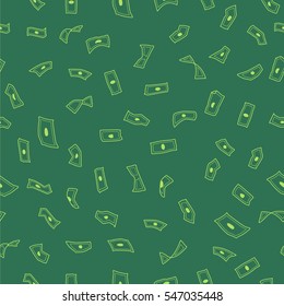 Wallpaper flying dollars, green background, rain, seamless pattern, vector illustration