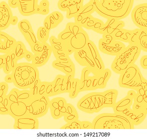 wallpaper with food and kitchen items on a yellow background 
