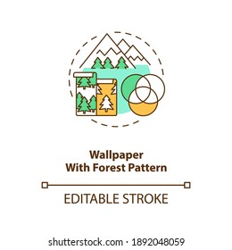Wallpaper with forest pattern concept icon. Wall art with nature texture. House interior improvement. Biophilia idea thin line illustration. Vector isolated outline RGB color drawing. Editable stroke
