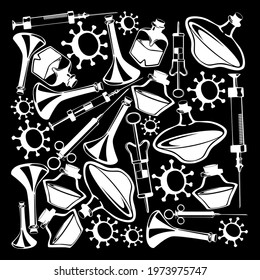 Wallpaper in the form of syringes, and various cones. The coronavirus vaccine. Vector illustration.