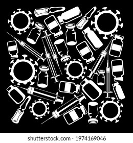 Wallpaper in the form of syringes, and various cones. The coronavirus vaccine. Vector illustration.