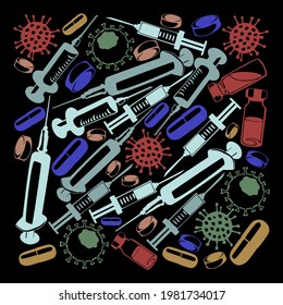 Wallpaper in the form of syringes, and various cones. The coronavirus vaccine. Vector illustration.