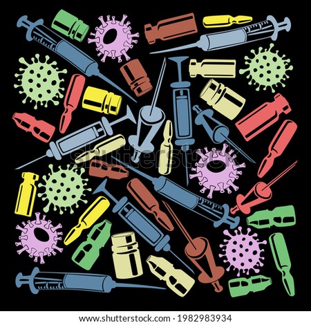 Wallpaper in the form of syringes, and various cones. The coronavirus vaccine. Vector illustration.