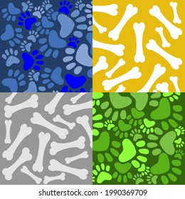 Wallpaper of four squares in different colors with dog bones and dog tracks. Vector illustration.