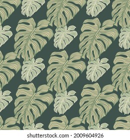 Wallpaper with green monstera leaf. Geometric tropical leaves silhouette seamless pattern. Hand drawn tropic foliage. Exotic green background. Vector design for fabric, textile print, wrapping paper