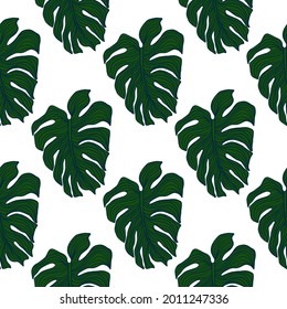 Wallpaper with green monstera leaf isolated on white background. Geometric tropical leaves silhouette seamless pattern. Exotic backdrop. Vector design for fabric, textile print, wrapping paper