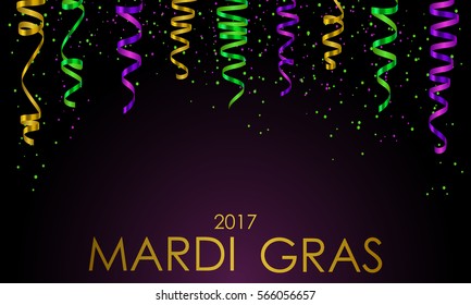 Wallpaper with green, yellow and violet serpentine, ribbon, dust confetti and golden lettering Mardi Gras, isolated on black background. Vector illustration.