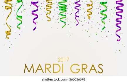 Wallpaper with green, yellow and violet serpentine, ribbon, dust confetti and golden lettering Mardi Gras, isolated on white background. Vector illustration.