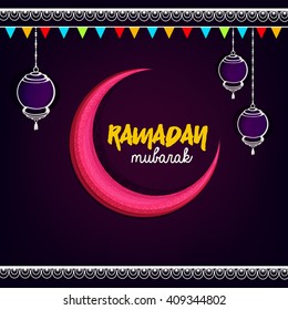 Wallpaper greeting card design with elegant moon and hanging lamps showing celebration for Islamic holy month Ramadan Kareem.