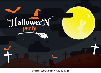 Wallpaper of Halloween holiday theme. A rabbit on a bright yellow moon. Many bats in the grave yard. Halloween Party text with witch's broomstick and hat
