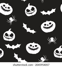 Wallpaper Halloween. Vector seamless white shapes and black background. Pumpkins and bat with spiders sample pattern.