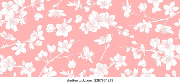 Wallpaper with hand drawn white sakura flowers, leaves on pink background. Roamtic elegant fashion print.