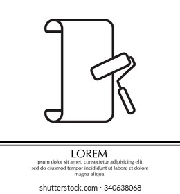 Wallpaper hanging process with roller. Flat vector style. line icon