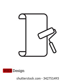 Wallpaper hanging process with roller. Flat vector style. line icon