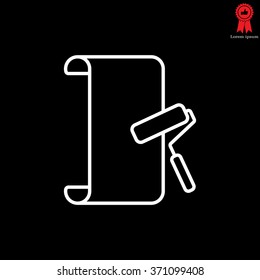 Wallpaper hanging process with roller. Flat vector style. line icon