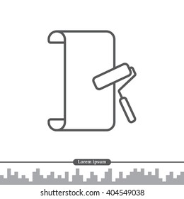 Wallpaper hanging process with roller. Flat vector style. line icon