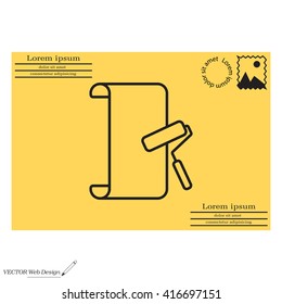 Wallpaper hanging process with roller. Flat vector style. line icon