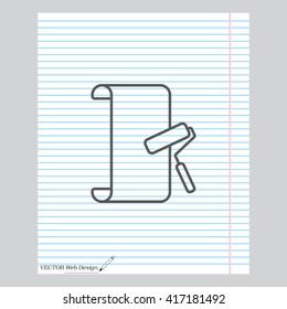 Wallpaper hanging process with roller. Flat vector style. line icon