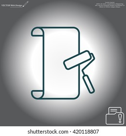 Wallpaper hanging process with roller. Flat vector style. line icon
