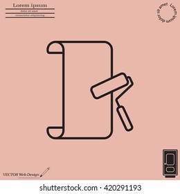 Wallpaper hanging process with roller. Flat vector style. line icon