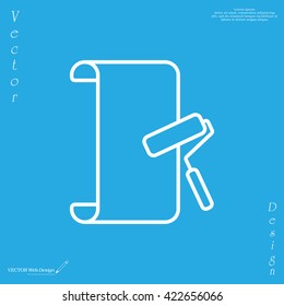Wallpaper hanging process with roller. Flat vector style. line icon
