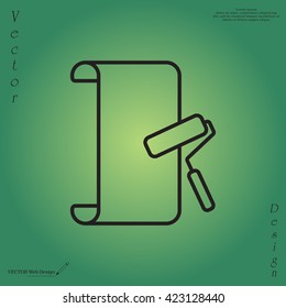 Wallpaper hanging process with roller. Flat vector style. line icon