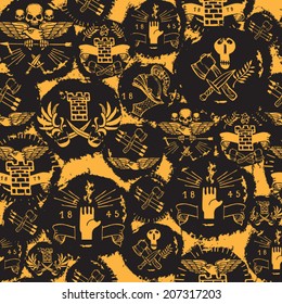 wallpaper with heraldic signs, heraldic elements, insignia, signs, vector grunge seamless pattern