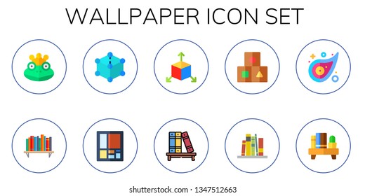 wallpaper icon set. 10 flat wallpaper icons.  Collection Of - frog prince, bookshelf, cube, mondrian, cubes, pattern