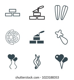 Wallpaper icons. set of 9 editable filled and outline wallpaper icons such as heart shaped air balloon, brick wall, hair barrette, smoke