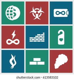 Wallpaper icons set. set of 9 wallpaper filled icons such as brick wall, heart tag, smoke, hazzard, endless battery