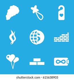 Wallpaper icons set. set of 9 wallpaper filled icons such as brick wall, hair barrette, heart tag, smoke, endless battery, globe dollar