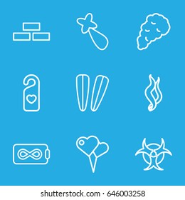 Wallpaper icons set. set of 9 wallpaper outline icons such as brick wall, hair barrette, heart tag, smoke, hazzard, endless battery